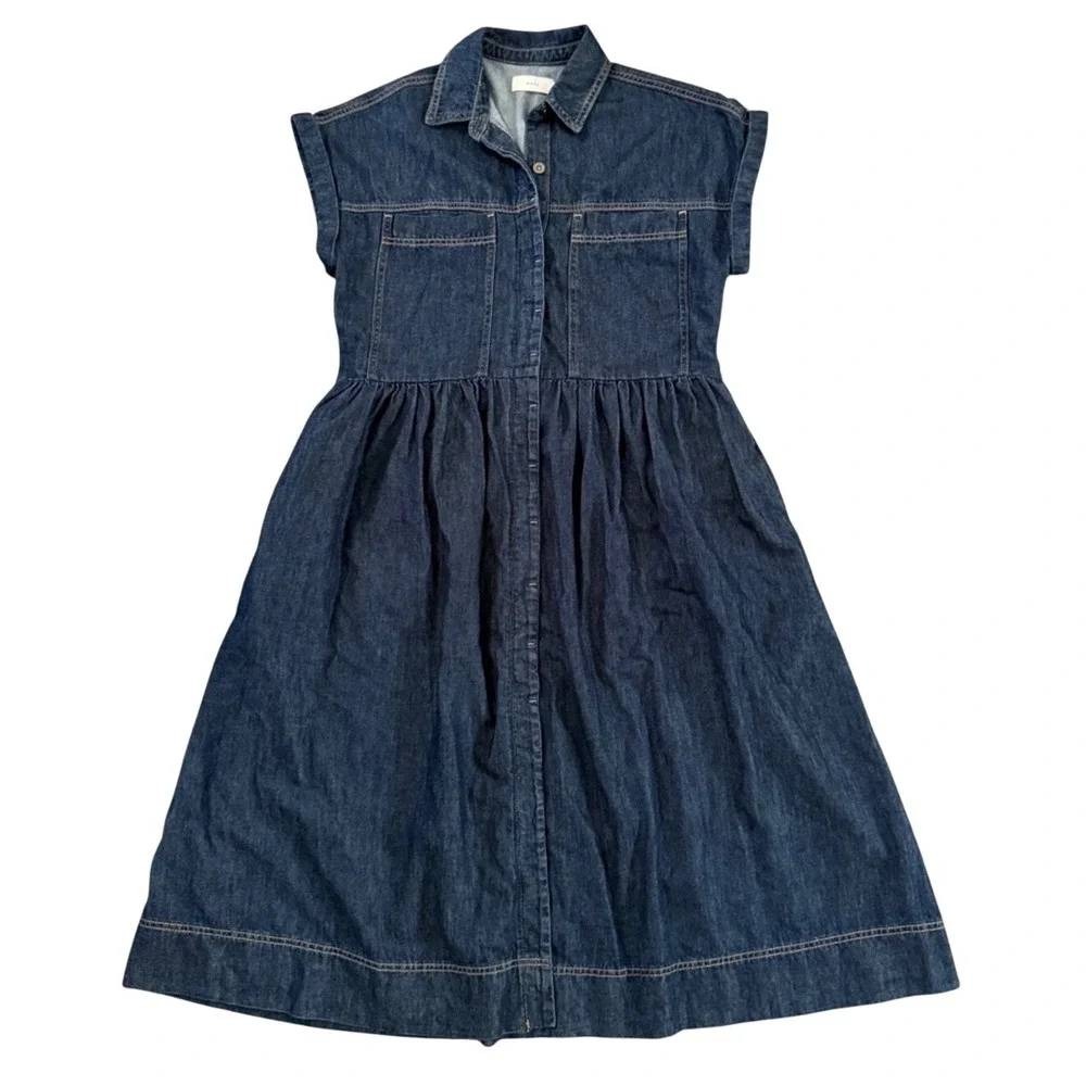 Maye Harper Denim Midi Dress Blue Button Front Cotton Size L - Picture 2 of 7
